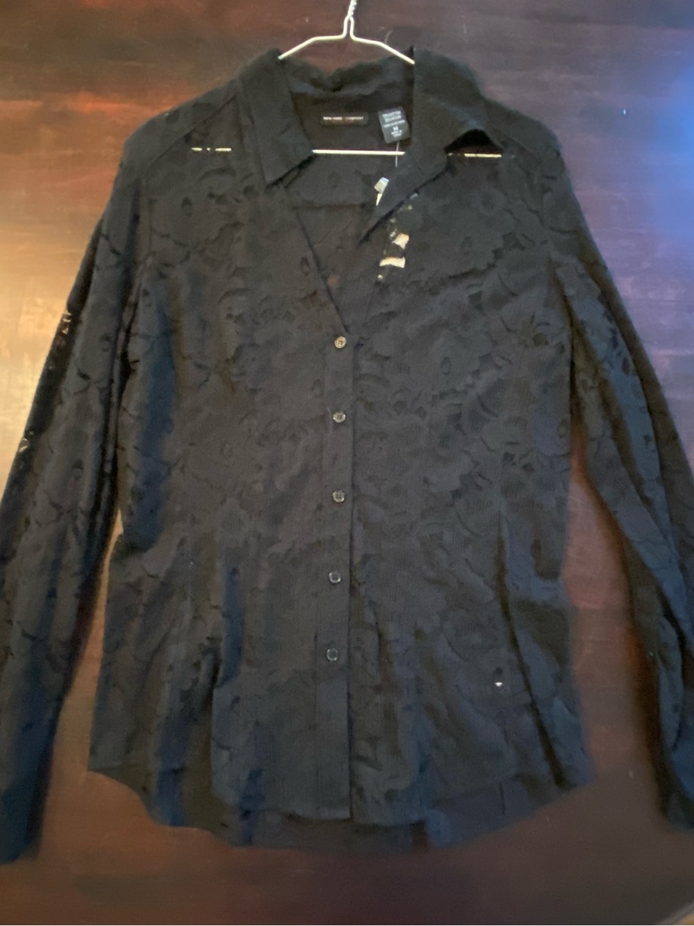 NWT New York & Company Black Lace Long Sleeve Button Down Shirt - Size M